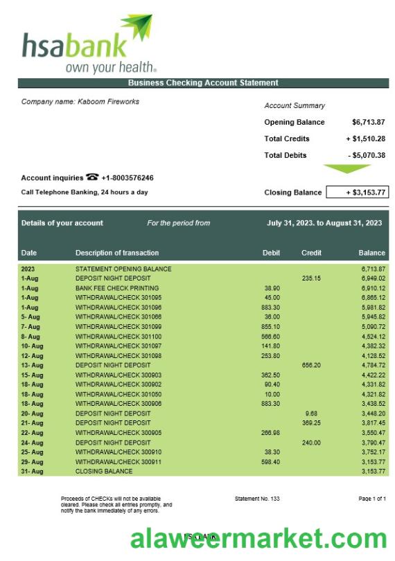 HSA Bank enterprise account statement Word and PDF template